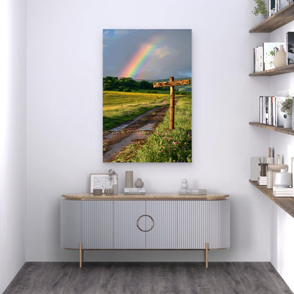 Rainbow Appearing End Grass Field Path 40x60cm Metal Print Ready to Hang