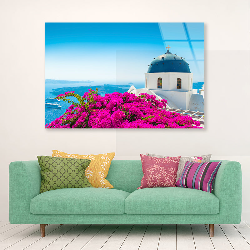 Pink Bougainvillea in Santorini Acrylic Glass Print Tempered Glass Wall Art 100% Made in Australia Ready to Hang - Bella Home Decor