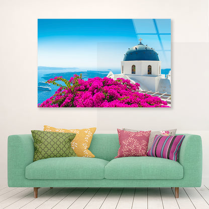 Pink Bougainvillea in Santorini Acrylic Glass Print Tempered Glass Wall Art 100% Made in Australia Ready to Hang - Bella Home Decor