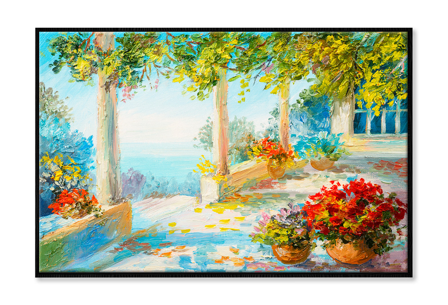 Flower Vase & Terrace Near The Sea Oil Painting Wall Art Limited Edition High Quality Print Canvas Box Framed Black