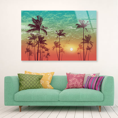 Sky and Palm Trees with Sunset Acrylic Glass Print Tempered Glass Wall Art 100% Made in Australia Ready to Hang - Bella Home Decor