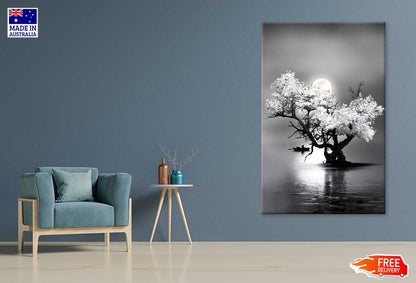 Bella Home Amazing Night View of Tree on Lake with Full Moon Print Canvas Ready to hang