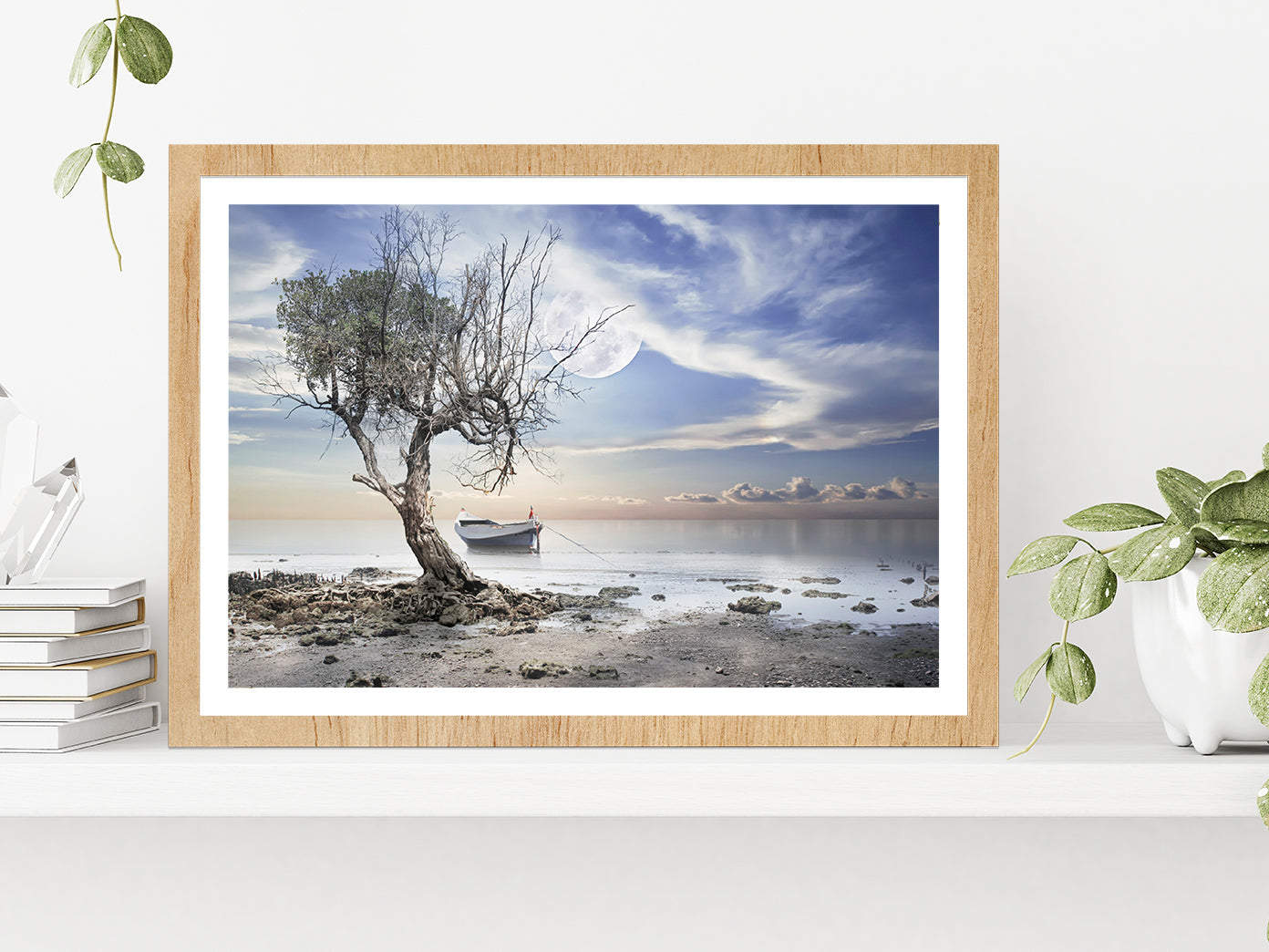 Dead Tree near Sea & Boat View Photograph Glass Framed Wall Art, Ready to Hang Quality Print With White Border Oak