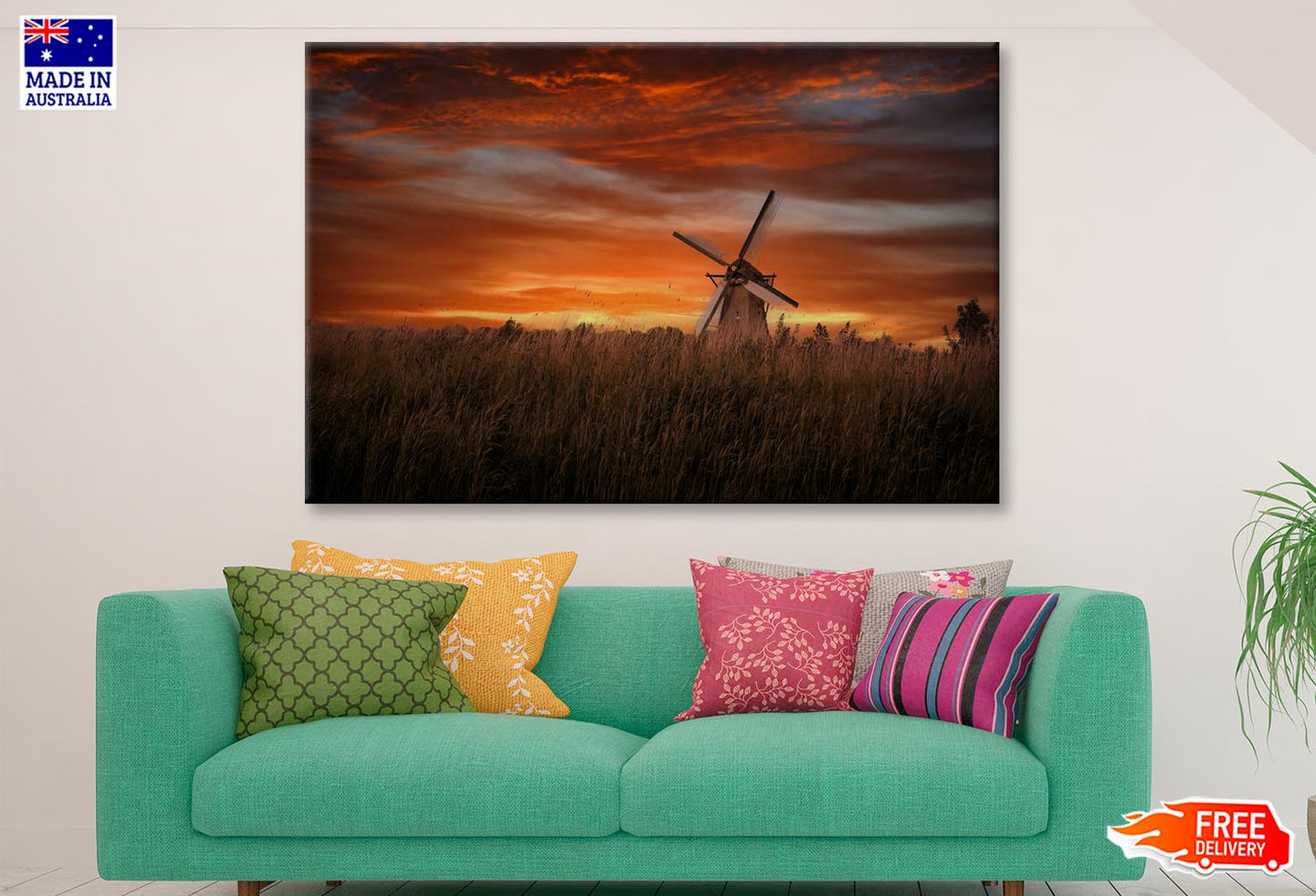 Old Windmills in Kinder Dijk at Dramatic Sunset, Netherland Wall Art Decor 100% Australian Made - Bella Home Decor