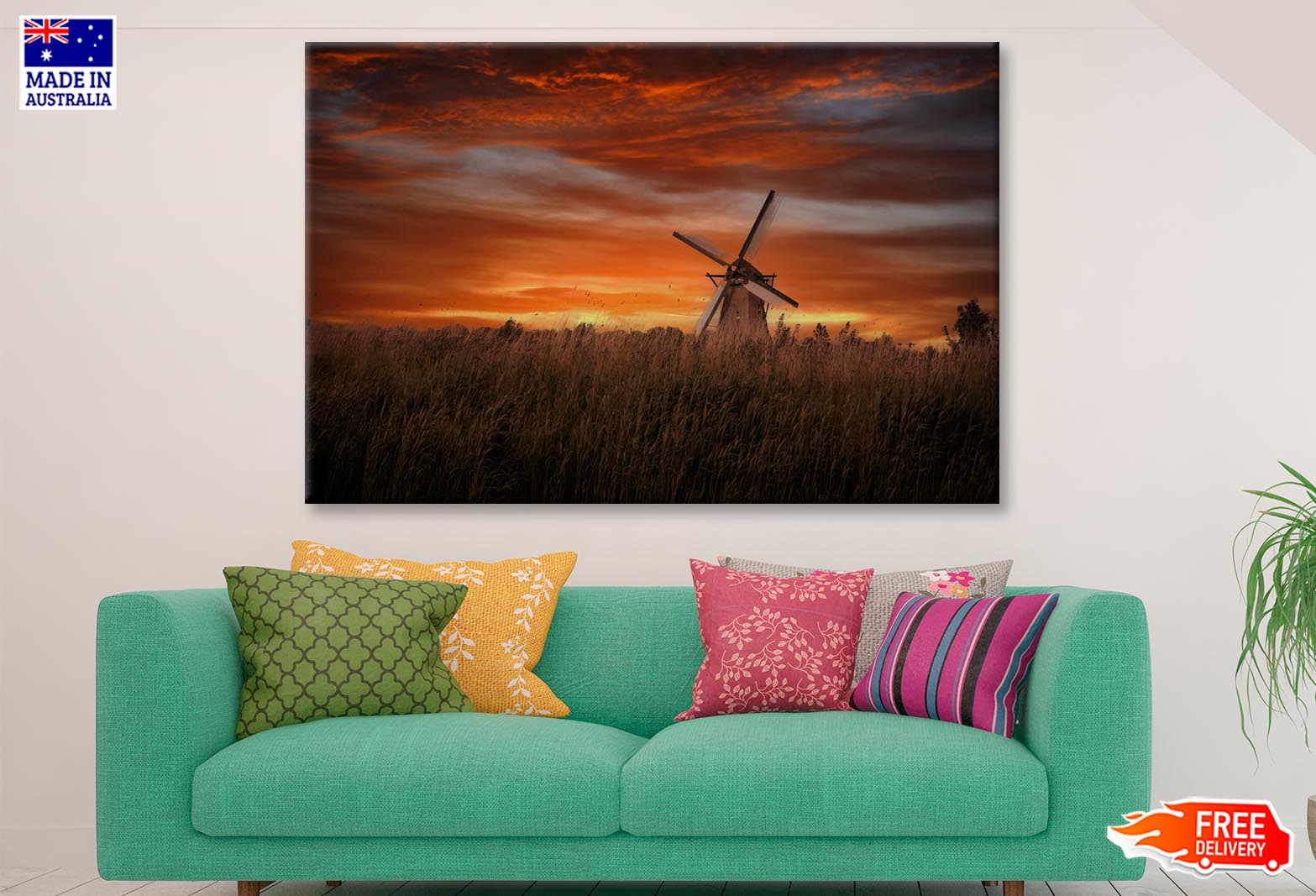 Old Windmills in Kinder Dijk at Dramatic Sunset, Netherland Wall Art Decor 100% Australian Made - Bella Home Decor