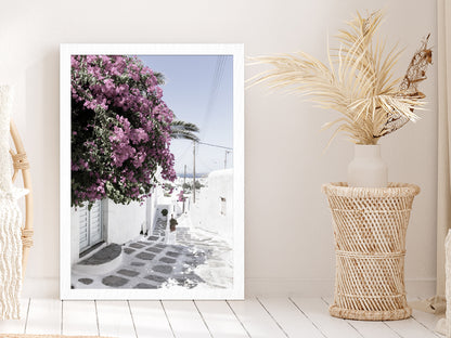 House near Flower Trees Street Photograph Glass Framed Wall Art, Ready to Hang Quality Print Without White Border White