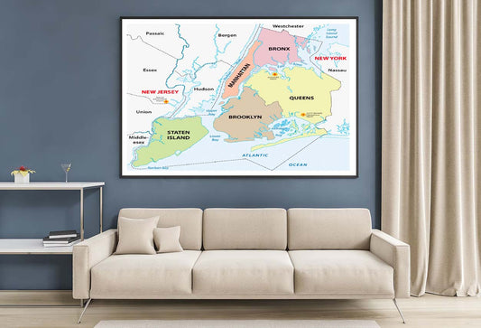 New York City, 5 Boroughs Map Home Decor Premium Quality Poster Print Choose Your Sizes