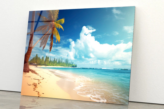 Summer Beach of the Sea with Palm Trees Acrylic Glass Print Tempered Glass Wall Art 100% Made in Australia Ready to Hang