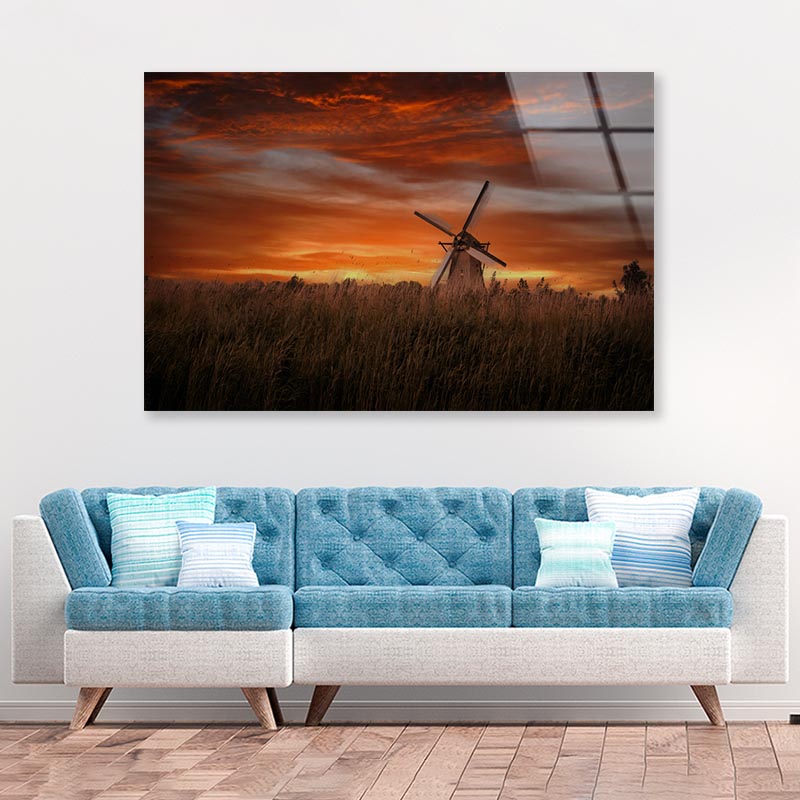 Old Windmills in Kinder Dijk at Dramatic Sunset, Netherland Acrylic Glass Print Tempered Glass Wall Art 100% Made in Australia Ready to Hang - Bella Home Decor