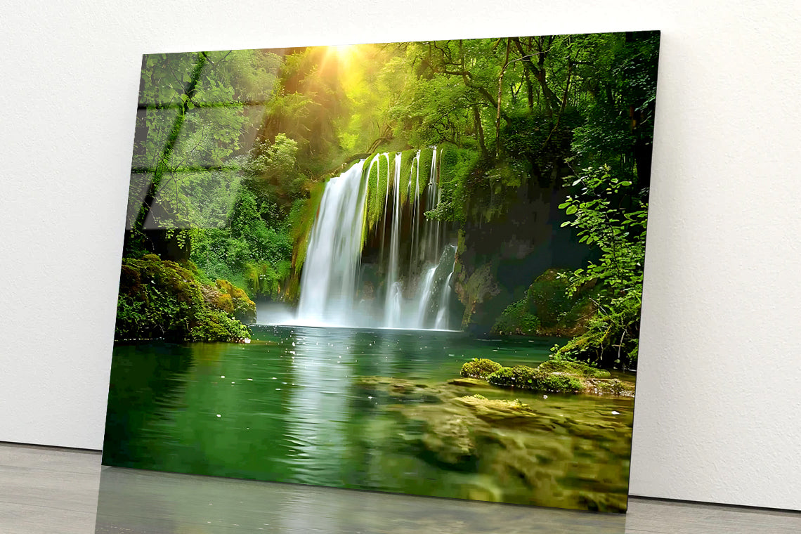 View of Waterfall in the Jungle Acrylic Glass Print Tempered Glass Wall Art 100% Made in Australia Ready to Hang - Bella Home Decor