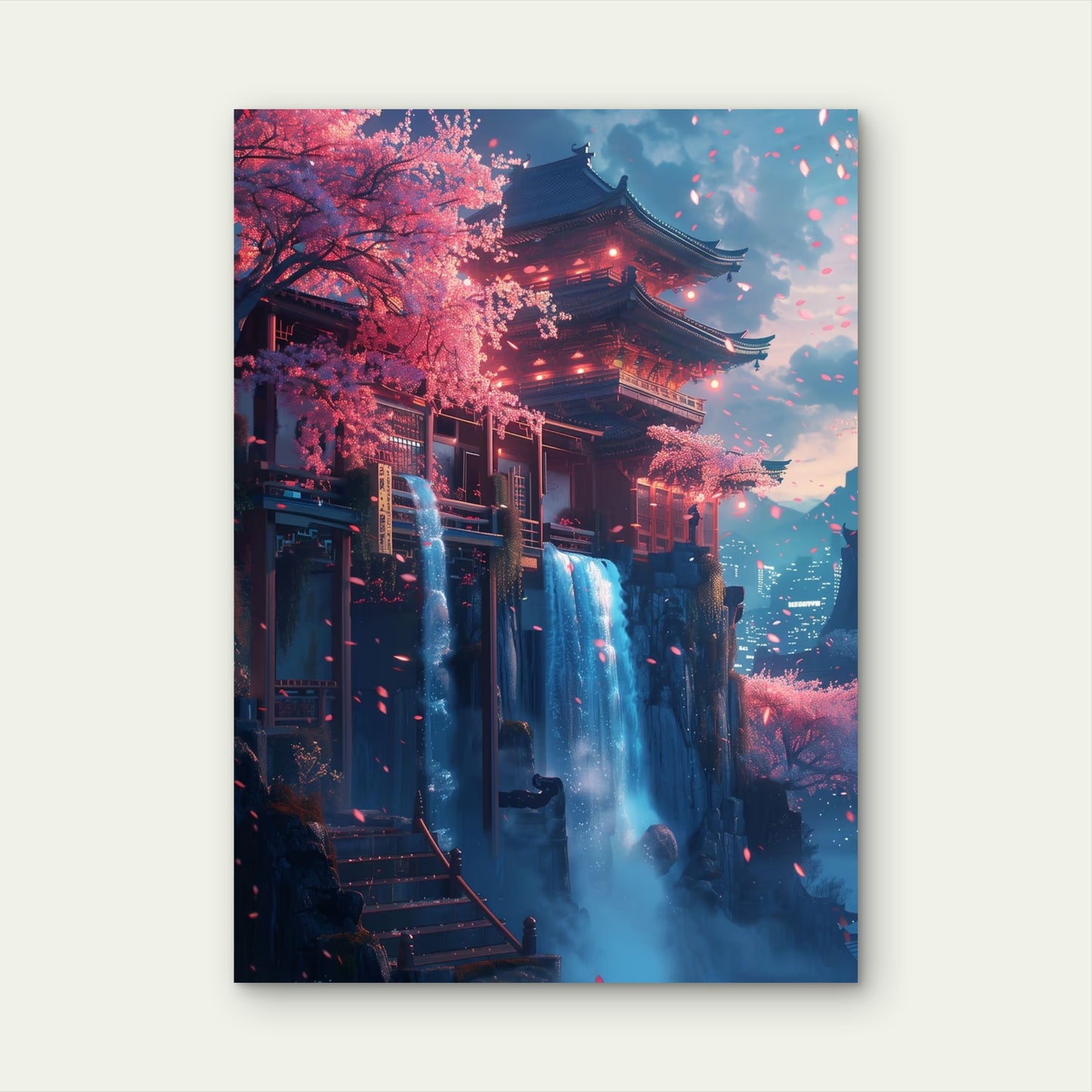 Japanese Pagoda Waterfall Night 40x60cm Metal Print Ready to Hang