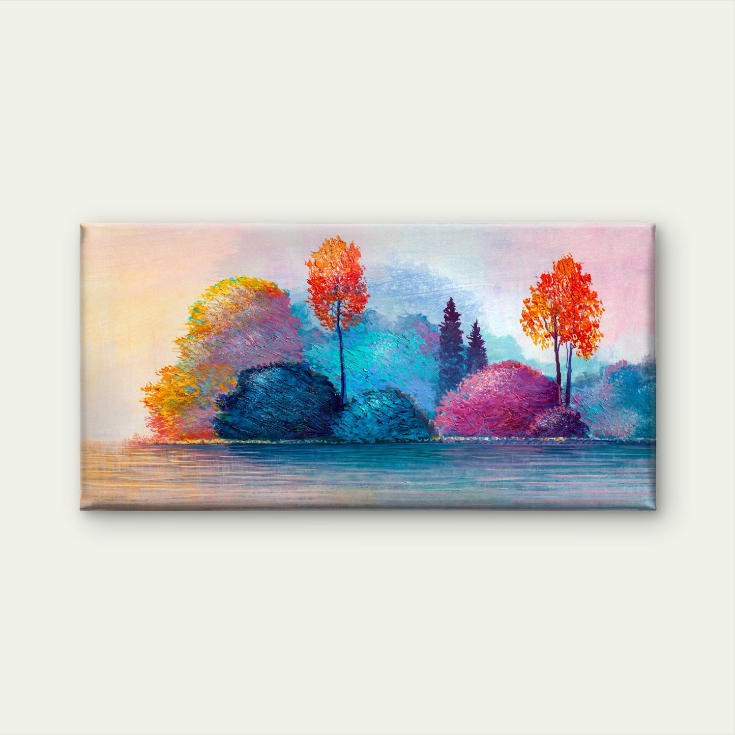 Impasto Autumn Lake Landscape Wall Art Canvas Office Home Room Framed 120x60cm