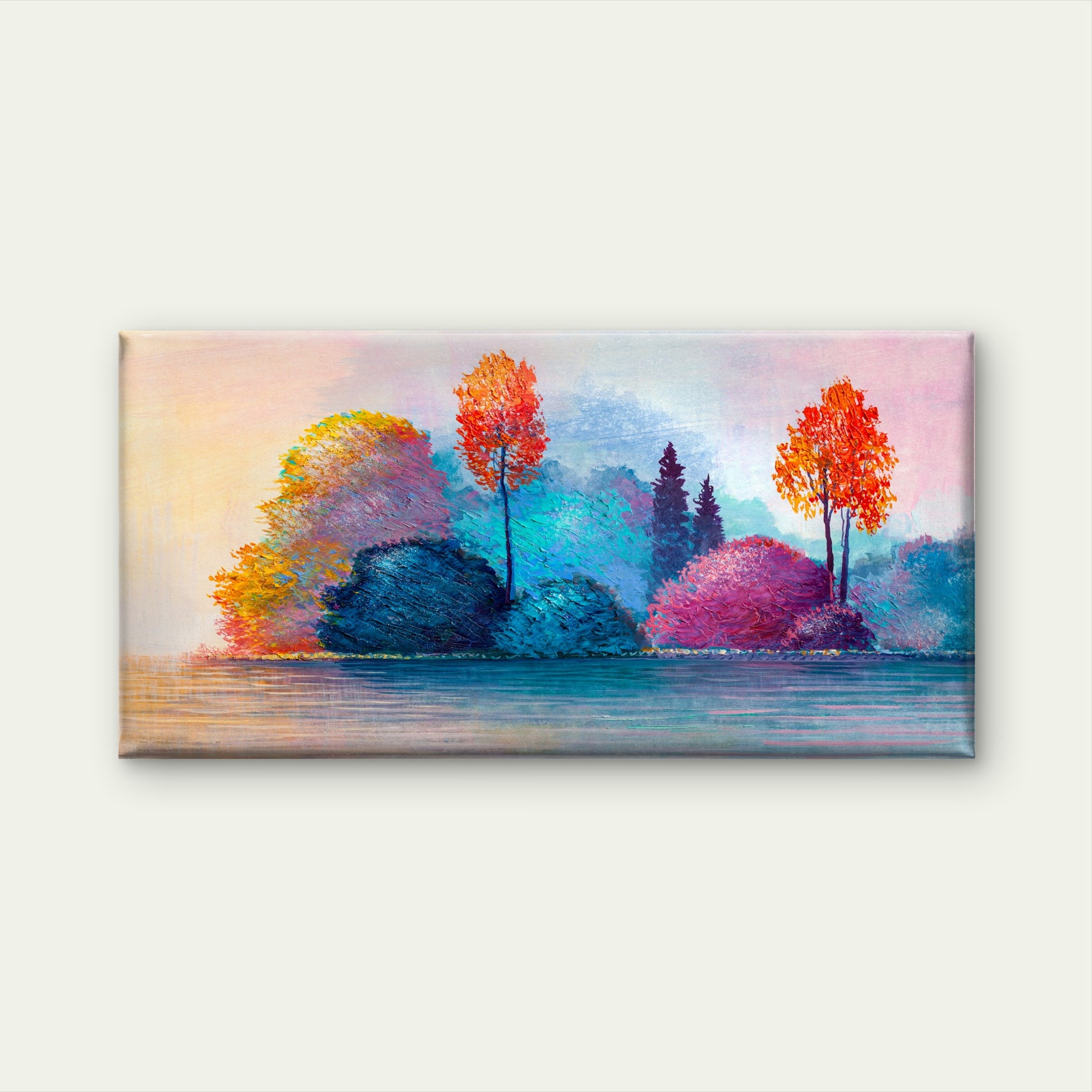 Impasto Autumn Lake Landscape Wall Art Canvas Office Home Room Framed 120x60cm