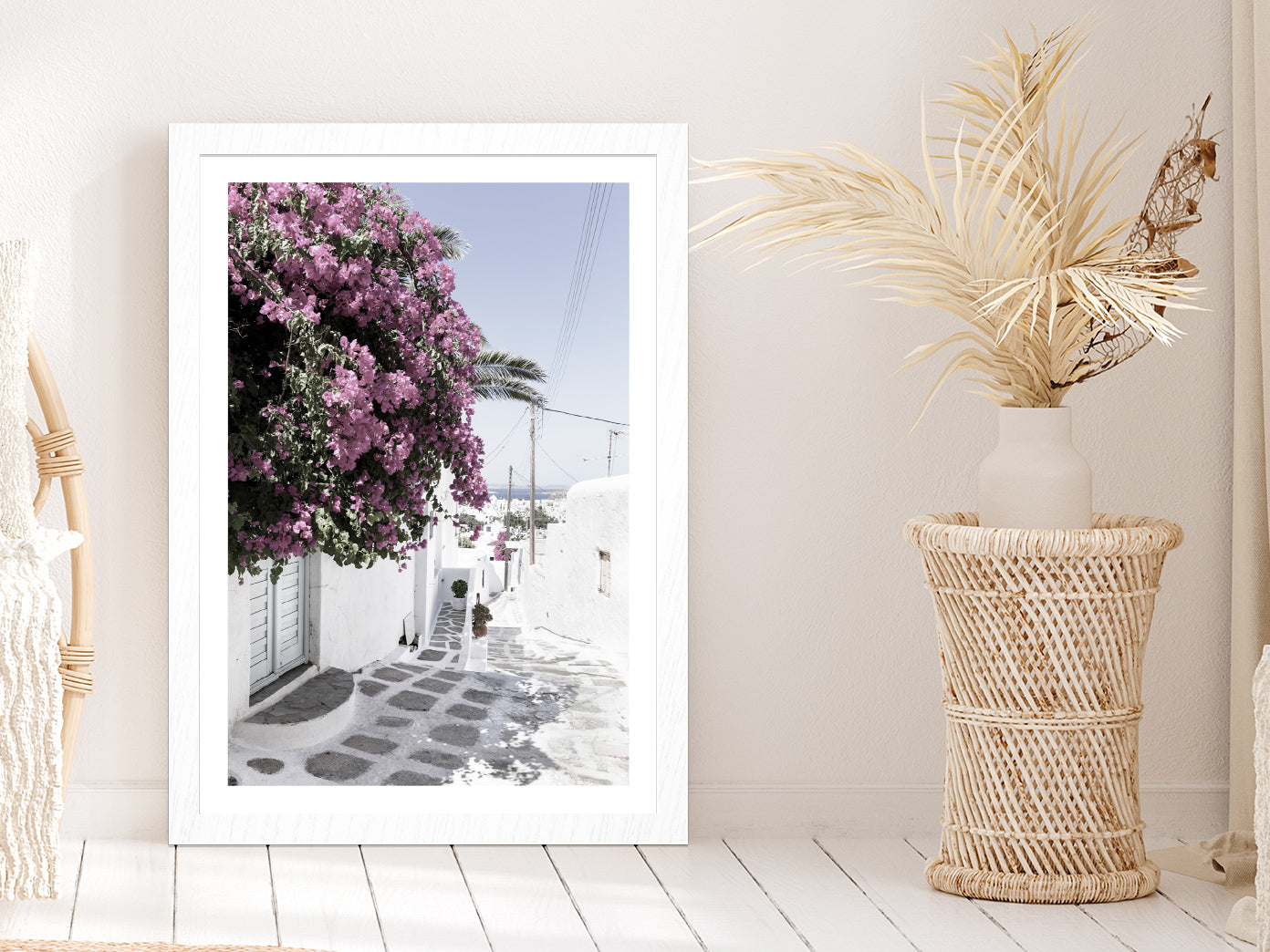 House near Flower Trees Street Photograph Glass Framed Wall Art, Ready to Hang Quality Print With White Border White