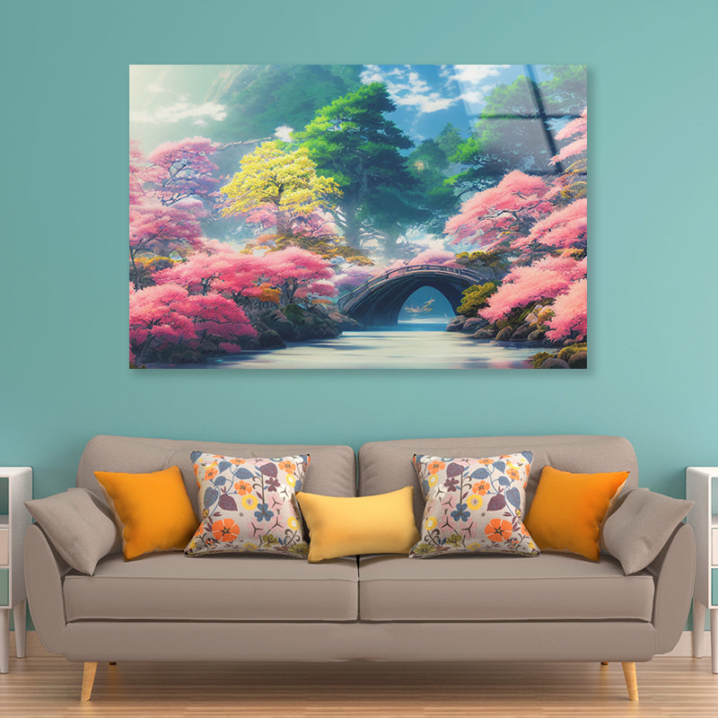 Pink Cherry Trees, Bridge Acrylic Glass Print Tempered Glass Wall Art 100% Made in Australia Ready to Hang - Bella Home Decor