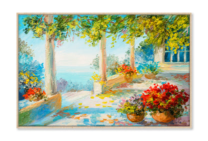 Flower Vase & Terrace Near The Sea Oil Painting Wall Art Limited Edition High Quality Print Canvas Box Framed Natural