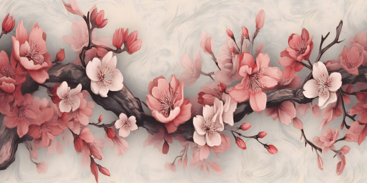 Pink Cherry Blossom Floral Tree Branch Painting Wall Art Canvas Office Home Framed 120x60cm