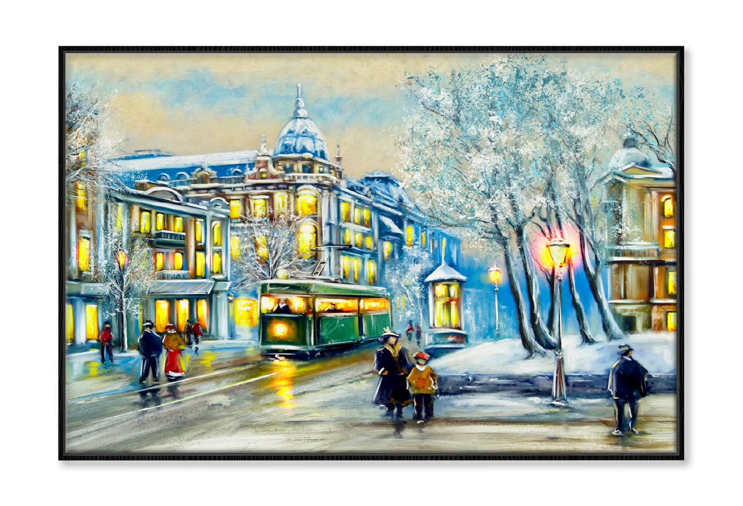 Old City & Tram Winter Oil Painting Wall Art Limited Edition High Quality Print Canvas Box Framed Black