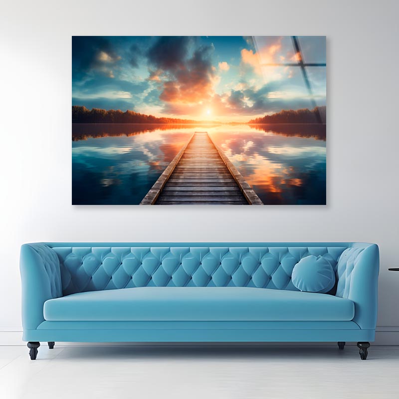 Wooden Pier Over a Calm Lake During Sunrise  Acrylic Glass Print Tempered Glass Wall Art 100% Made in Australia Ready to Hang - Bella Home Decor