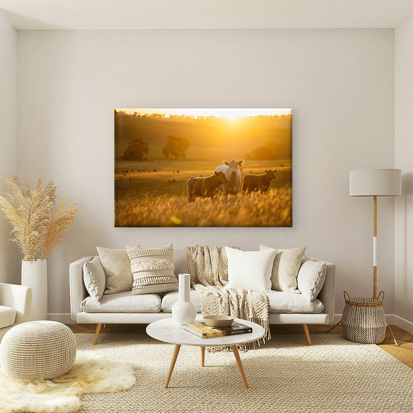 A Cow and Her Calves Standing in the Sun-Drenched Fields of the Australian Outback Wall Art Decor 100% Australian Made