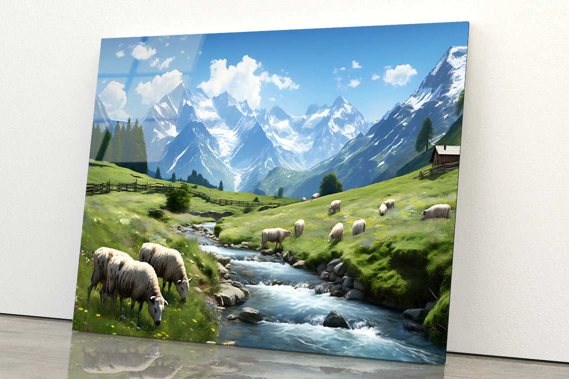 Herd of Sheep Grazing On a Grassy Hill Acrylic Glass Print Tempered Glass Wall Art 100% Made in Australia Ready to Hang - Bella Home Decor
