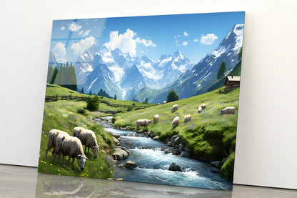 Herd of Sheep Grazing On a Grassy Hill Acrylic Glass Print Tempered Glass Wall Art 100% Made in Australia Ready to Hang - Bella Home Decor