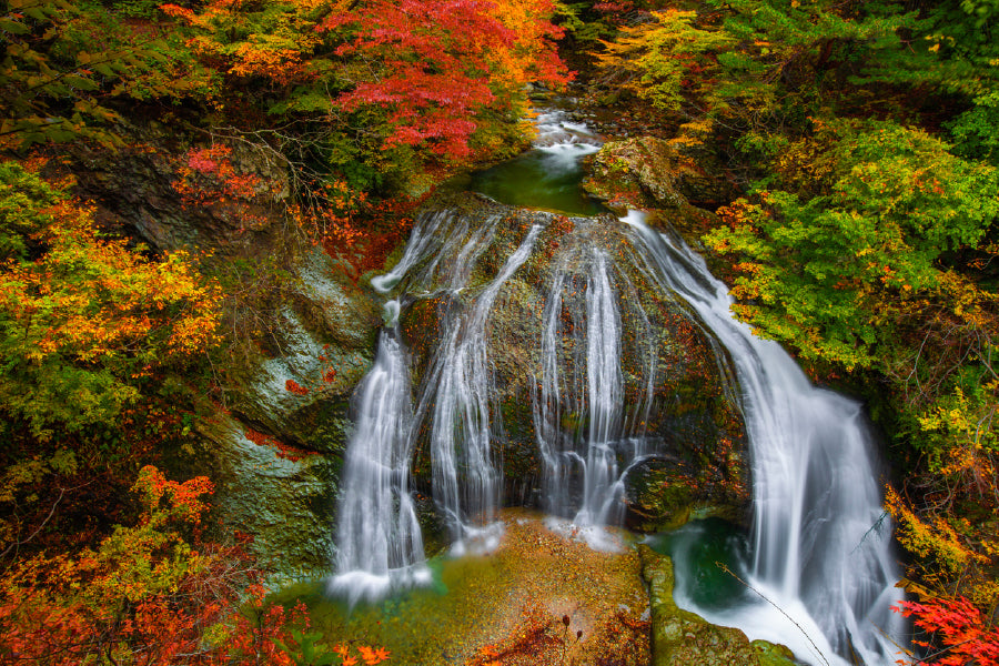 Waterfall Among Foliage Autumn Glass Framed Wall Art, Ready to Hang Quality Print