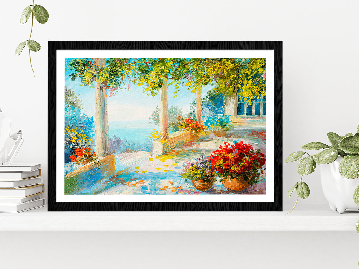 Flower Vase & Terrace Near The Sea Glass Framed Wall Art, Ready to Hang Quality Print With White Border Black