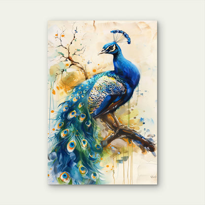 Painting Peacock Sitting Tree Branch Pavo Real 40x60cm Metal Print Ready to Hang