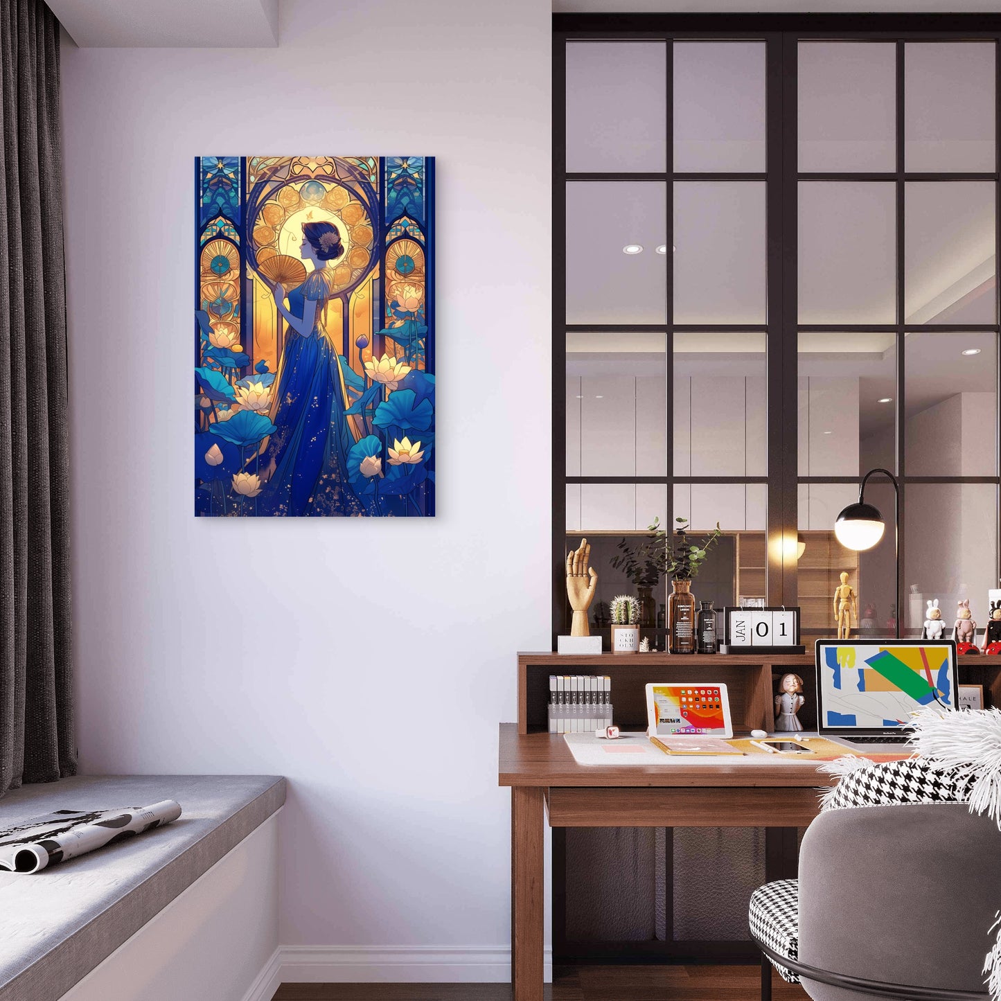 Elegant Woman Blue Gown stained glass art 40x60cm Metal Print Ready to Hang