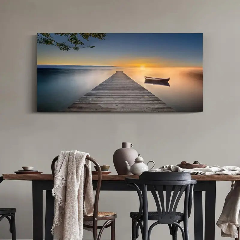 Serene Lake Rustic Pier Dock & Boat Scene Wall Art canvas office home room framed 120x60cm - Bella Home Decor
