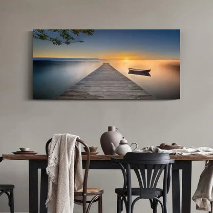 Serene Lake Rustic Pier Dock & Boat Scene Wall Art canvas office home room framed 120x60cm - Bella Home Decor