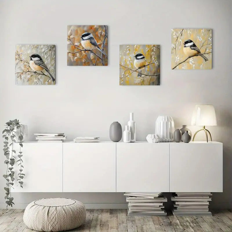 4pcs Rustic Bird Modern Vintage Watercolo Wall Art Canvas Framed