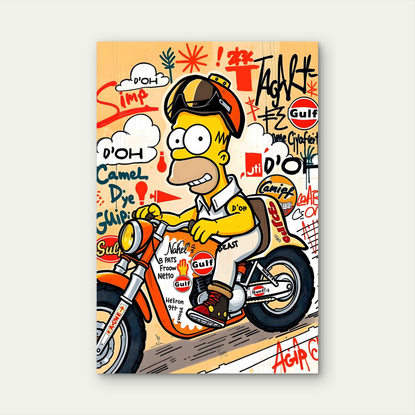 Yellow Rider Motorcycle Graffiti 40x60cm Metal Print Ready to Hang - Bella Home Decor