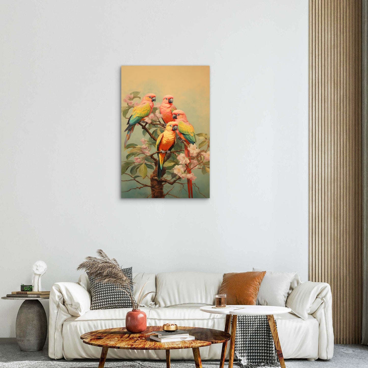 Vintage Drawing Birds Parrot Animal Branch 40x60cm Metal Print Ready to Hang