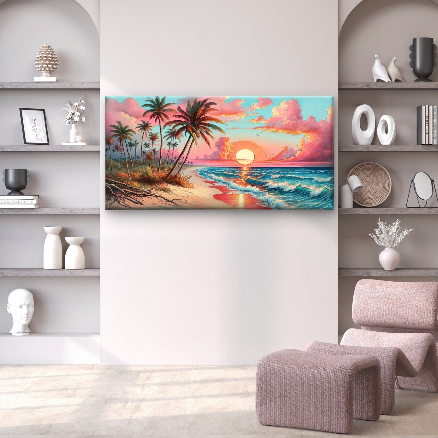 Tropical Beach Pink Sunset Wall Art Canvas Office Home Room Framed 120x60cm