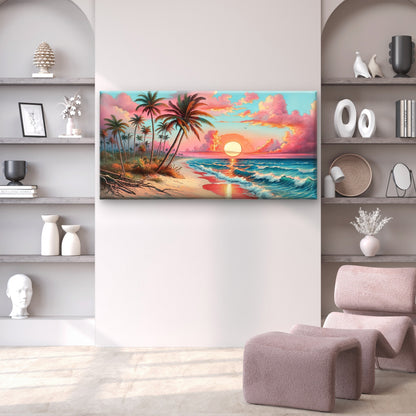 Tropical Beach Pink Sunset Wall Art Canvas Office Home Room Framed 120x60cm