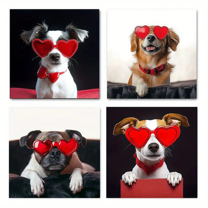4pcs Funny Animals Handsome Dog Wall Art Canvas Framed