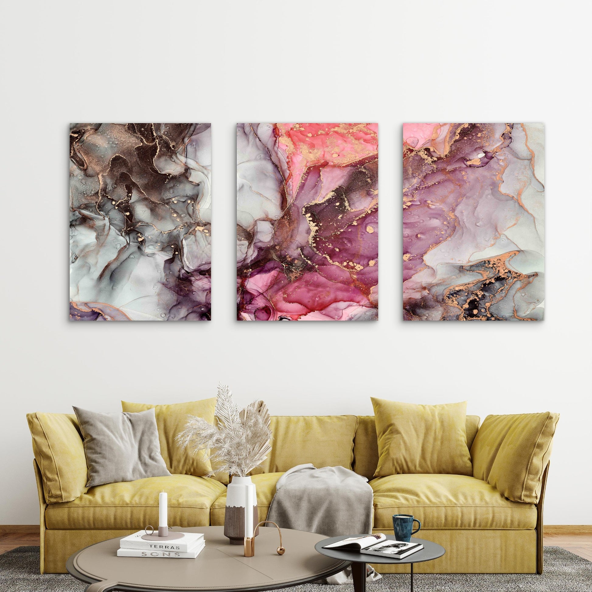3pcs Rose and Charcoal Alcohol Ink Metal Print Ready to Hang Art - Bella Home Decor