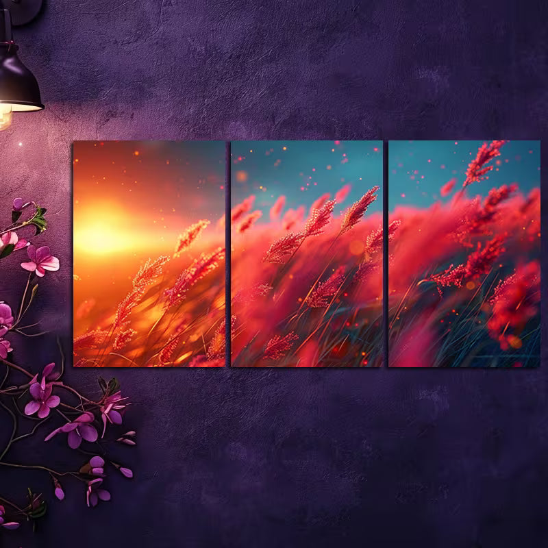 3pcs Crazy Pink Grass Theme Wall Art Set Canvas Framed 50x70cm - High Quality Print 100% Australian Made Wall Canvas Ready to Hang - Bella Home Decor