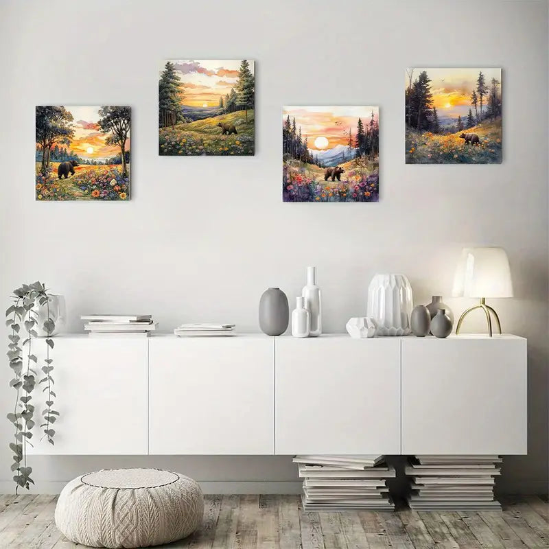 4pcs Bear Sunset View Picture Wall Art Canvas Framed