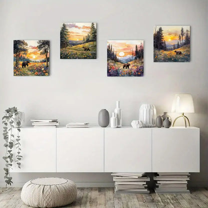 4pcs Bear Sunset View Picture Wall Art Canvas Framed
