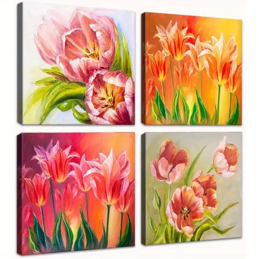 4pcs Tulips Wall Art Pink Flowers  Wall Art Canvas Framed