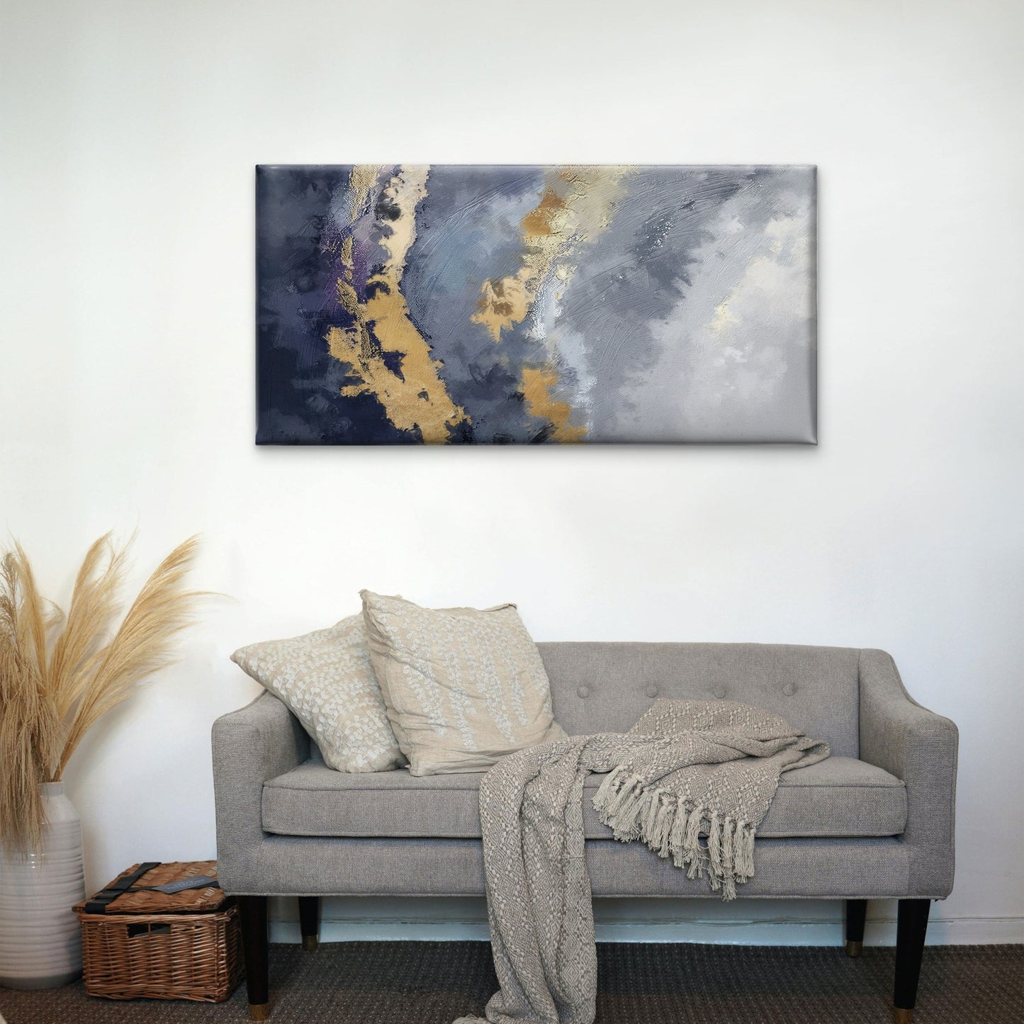 Navy Purple Grey Gold Abstract Wall Art Canvas Office Home Framed 120x60cm