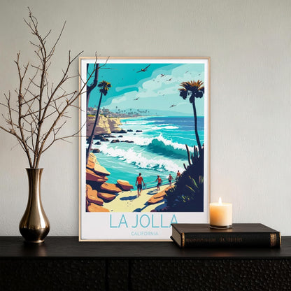 La Jolla California, Rocky Beach & Trees Travel Poster Print Wall Art