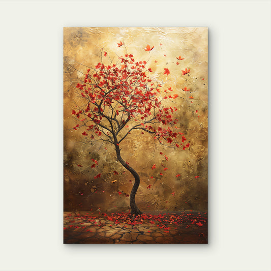 Autumn Red Tree Gold Abstract Art 40x60cm Metal Print Ready to Hang