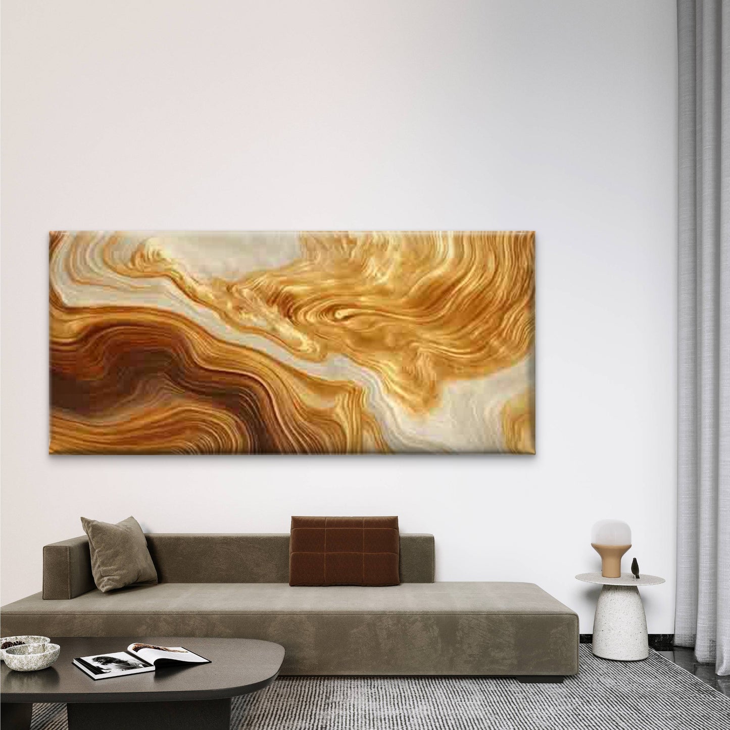 Golden Brown Swirls Abstract Wall Art Canvas Office Home Room Framed 120x60cm
