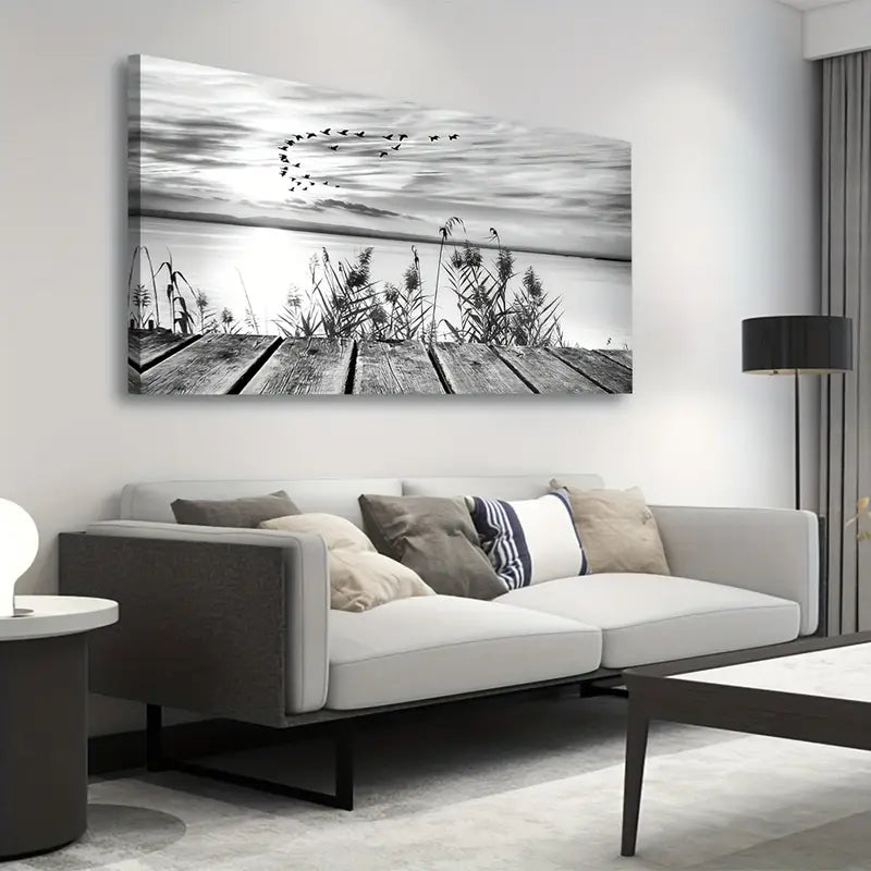 Black & White Sunset Lake Flying Birds Wall Art canvas office home room framed 120x60cm - Bella Home Decor