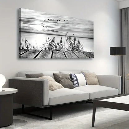 Black & White Sunset Lake Flying Birds Wall Art canvas office home room framed 120x60cm - Bella Home Decor