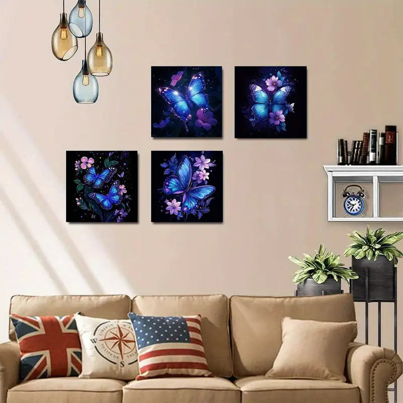 4pcs Purple Butterfly Purple Floral Elegant Wall Art Canvas Framed